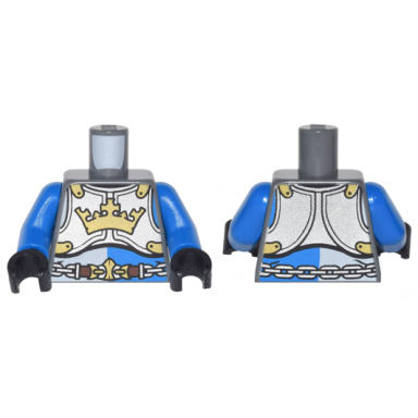 dark bluish gray torso castle kings knight breastplate with crown chain belt pattern blue arms black hands