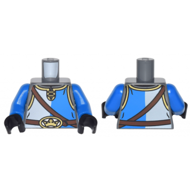 dark bluish gray torso castle kings knight shirt shoulder strap and crown on buckle pattern blue arms black hands