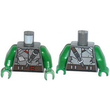 dark bluish gray torso strapped armor plates with brown belt with red clasps pattern green arms green hands