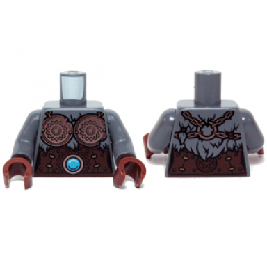 dark bluish gray torso chima female with copper breastplates and chains and dark azure round jewel chi pattern dark bluish gray arms reddish brown hands