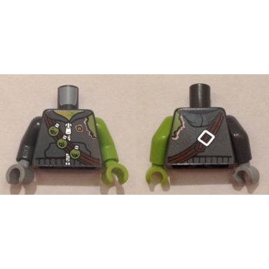 dark bluish gray torso hoodie with zipper torn shoulder bandolier with 3 toxic bulbs pattern lime arm and hand left dark bluish gray arm right light bluish gray hand right