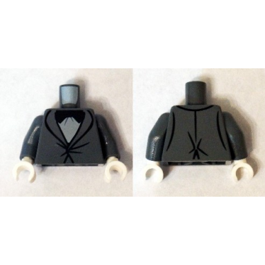 dark bluish gray torso suit tight fitting with light bluish gray shirt and black bow tie pattern dark bluish gray arms white hands