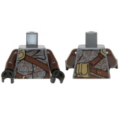 dark bluish gray torso sw shirt with spirals reddish brown straps and large dark tan pouch pattern dark brown arms black hands