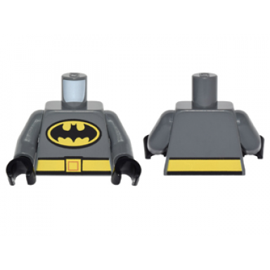 dark bluish gray torso batman logo in yellow oval with yellow belt front and back pattern dark bluish gray arms black hands