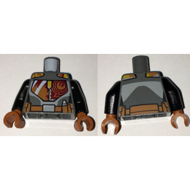 dark bluish gray torso sw mandalorian armor plates female dark red dark orange and yellow with rebel starbird and utility belt pattern sabine wren black arms dark orange hands