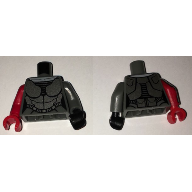 dark bluish gray torso batman female armor silver plate pattern dark bluish gray arm and black hand left red arm with armor pattern and red hand right