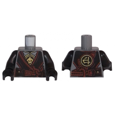 dark bluish gray torso ninjago silver armor with gold earth emblems black robe reddish brown rope pattern black arms black hands