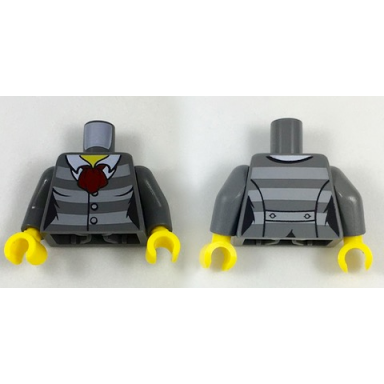 dark bluish gray torso female jacket with light bluish gray stripes 3 buttons and dark red scarf and back print pattern dark bluish gray arms yellow hands