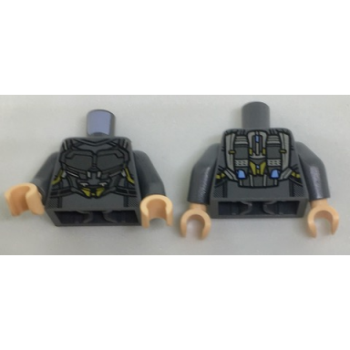 dark bluish gray torso silver space armor with gold and bright light blue trim pattern dark bluish gray arms light nougat hands