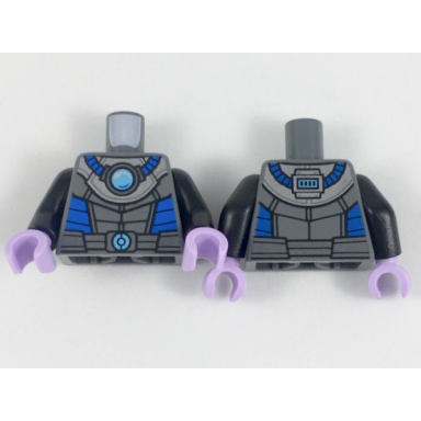 dark bluish gray torso armor with medium azure round crystal with blue tubes pattern mr freeze black arms lavender hands