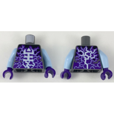 dark bluish gray torso white and bright light blue rogul symbol and lightning over dark purple and black pattern bright light blue arms dark purple hands