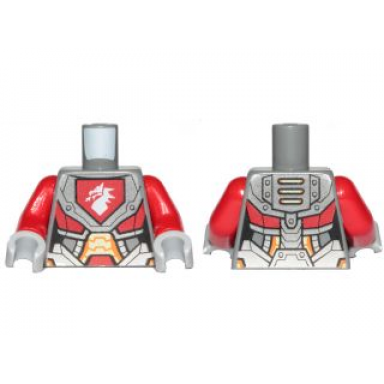 dark bluish gray torso nexo knights armor with orange and gold circuitry and emblem with white dragon pattern red arms light bluish gray hands