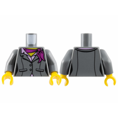 dark bluish gray torso female suit jacket with buttons pockets and seams over bright pink shirt with collar magenta scarf yellow neck pattern dark bluish gray arms yellow hands