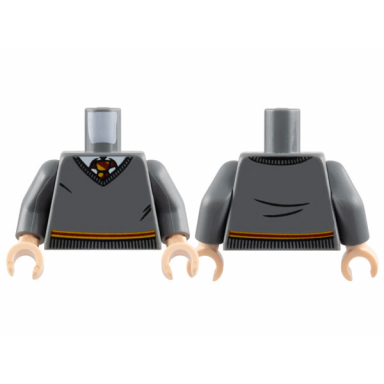 dark bluish gray torso v-neck sweater white collar red and yellow tie and waist trim gryffindor pattern dark bluish gray arms light nougat hands
