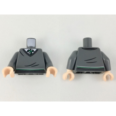 dark bluish gray torso v-neck sweater white collar green and white tie and waist trim slytherin pattern dark bluish gray arms light nougat hands