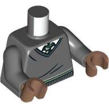 dark bluish gray torso v-neck sweater white collar green and white tie and waist trim slytherin pattern dark bluish gray arms medium brown hands