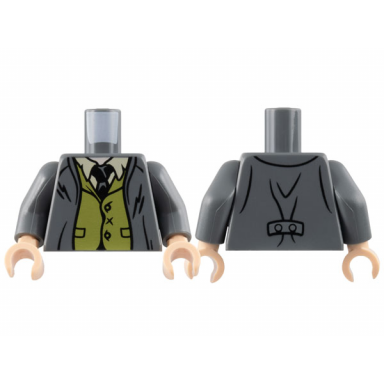 dark bluish gray torso suit jacket open over olive green vest tan shirt black tie light nougat neck pattern dark bluish gray arms light nougat hands