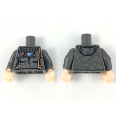 dark bluish gray torso hoodie with dark silver camouflage and orange trim triangle arc reactor pattern dark bluish gray arms with dark silver camouflage and orange trim pattern light nougat hands