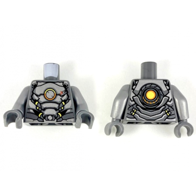 dark bluish gray torso silver plate armor orange and yellow circle yellow highlights pattern flat silver arms dark bluish gray hands