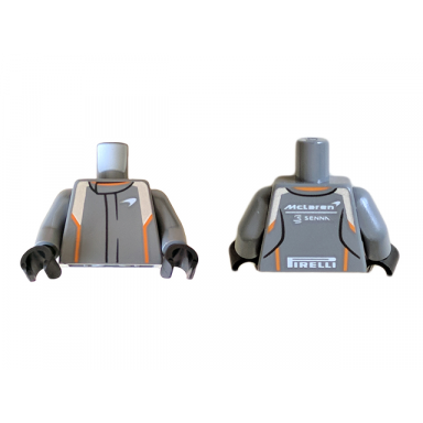 dark bluish gray torso racing suit with orange and silver stripes mclaren senna and pirelli logo pattern dark bluish gray arms black hands