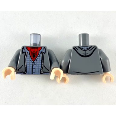 dark bluish gray torso jacket with hood silver zipper sand blue shirt red undershirt with black spider and webs pattern dark bluish gray arms light nougat hands