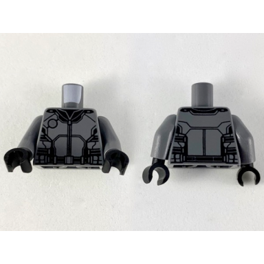 dark bluish gray torso armor with black panel lines silver circle and highlights pattern dark bluish gray arms black hands