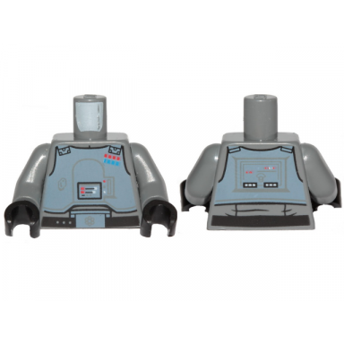 dark bluish gray torso sand blue armor breastplate gray lines with blue and red general insignia pattern sw general veers dark bluish gray arms black hands