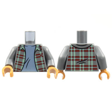 dark bluish gray torso plaid jacket open with sand green and dark red lines over sand blue shirt pattern dark bluish gray arms medium nougat hands