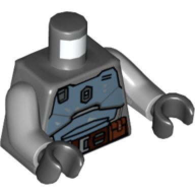 dark bluish gray torso sw mandalorian sand blue beskar armor plates dark brown belt with pouches with silver buttons pattern light bluish gray arms black hands