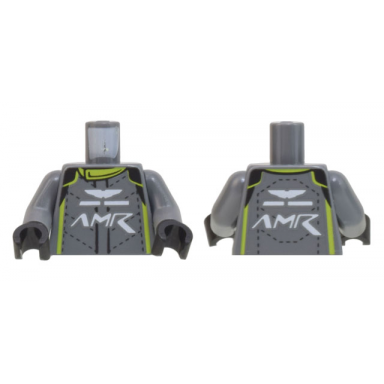 dark bluish gray torso racing suit with amr aston martin logo lime collar and stripes pattern dark bluish gray arms black hands