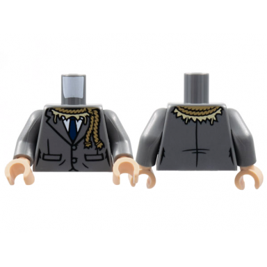 dark bluish gray torso suit jacket dark blue tie white shirt dark tan rope around neck tan straw pattern dark bluish gray arms light nougat hands