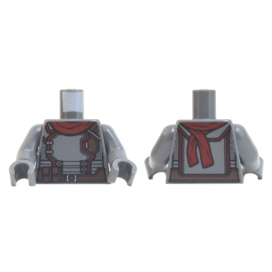 dark bluish gray torso jumpsuit with dark red trim and scarf dark brown belt with pouches pattern dark bluish gray arms dark bluish gray hands