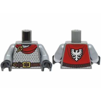 dark bluish gray torso armor silver chain mail reddish brown belt with gold buckle red cape with falcon pattern bam flat silver arms black hands