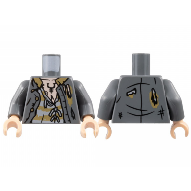 dark bluish gray torso tattered jacket dark tan and light bluish gray striped shirt light nougat chest black rune tattoo pattern dark bluish gray arms light nougat hands