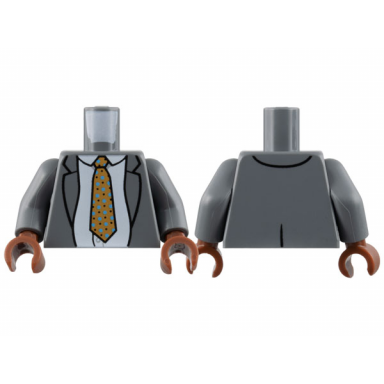 dark bluish gray torso suit jacket white shirt medium nougat tie with black and bright light blue spots pattern dark bluish gray arms reddish brown hands