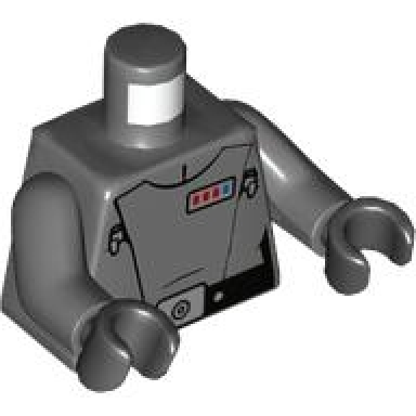 dark bluish gray torso female sw imperial crew uniform with black belt with silver buckle badge with 3 red and 1 blue square pattern dark bluish gray arms black hands