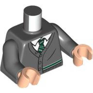 dark bluish gray torso cardigan sweater with white shirt dark green and silver tie and trim slytherin pattern dark bluish gray arms light nougat hands