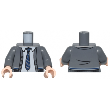 dark bluish gray torso cardigan sweater with white shirt dark blue and silver tie and trim ravenclaw pattern dark bluish gray arms light nougat hands