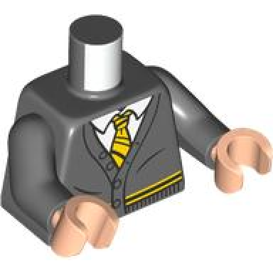 dark bluish gray torso cardigan sweater with white shirt yellow and black tie and trim hufflepuff pattern dark bluish gray arms light nougat hands
