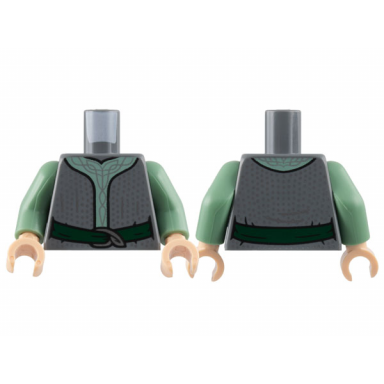 dark bluish gray torso robe with sand green center panel silver spots and filigree dark green sash pattern sand green arms light nougat hands