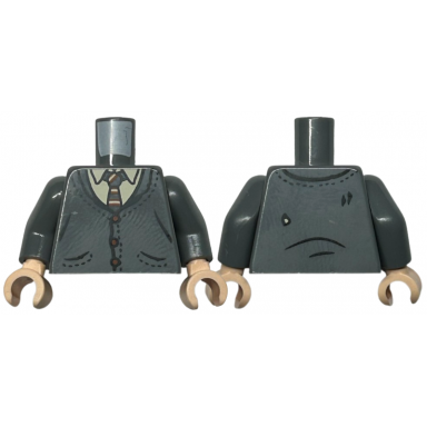 dark bluish gray torso cardigan with black stitching and pockets over shirt tie with reddish brown and tan stripes pattern dark bluish gray arms light nougat hands