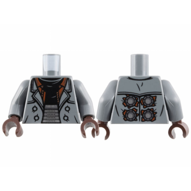 dark bluish gray torso trench coat open with reddish brown lining over black shirt silver armor belt circles on back pattern dark bluish gray arms dark brown hands
