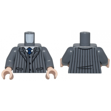 dark bluish gray torso suit jacket open with pockets and black pinstripes over vest with buttons and white shirt dark blue tie pattern dark bluish gray arms light nougat hands