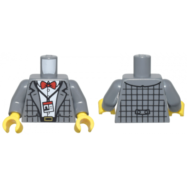 dark bluish gray torso plaid suit jacket open over white button up shirt red bow tie id badge on lanyard black belt with gold buckle pattern dark bluish gray arms yellow hands