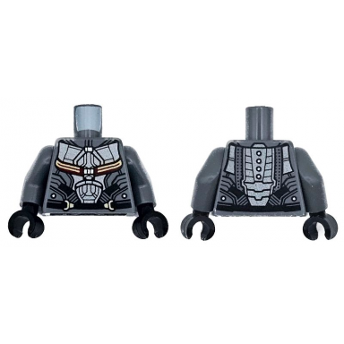 dark bluish gray torso armor with silver and black panels and belt and dark red and gold straps pattern dark bluish gray arms black hands