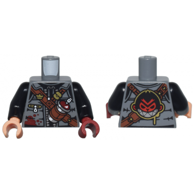 dark bluish gray torso vest with zipper over black hoodie reddish brown strap with paint spray can and monkie kid logo pattern black arms dark red hand left nougat hand right