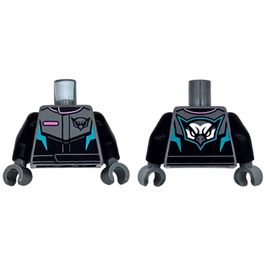 dark bluish gray torso racing suit with dark pink pocket and collar trim dark turquoise angled panels black hawk head logo pattern black arms dark bluish gray hands