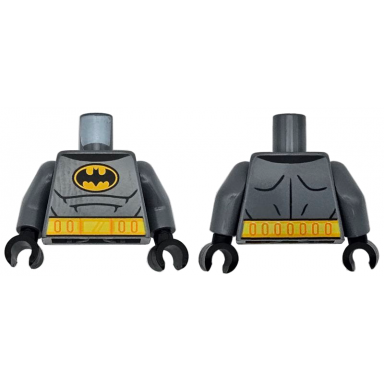 dark bluish gray torso super hero costume with batman logo and black collar yellow and bright light orange belt with orange ovals muscles outline pattern dark bluish gray arms black hands