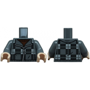 dark bluish gray torso plaid jacket with black and light bluish gray squares and silver zipper over dark red shirt pattern dark bluish gray arms light nougat hands