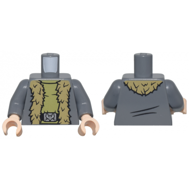 dark bluish gray torso coat open with dark tan thick fur lining over olive green tunic black belt with silver durmstrang buckle pattern dark bluish gray arms light nougat hands